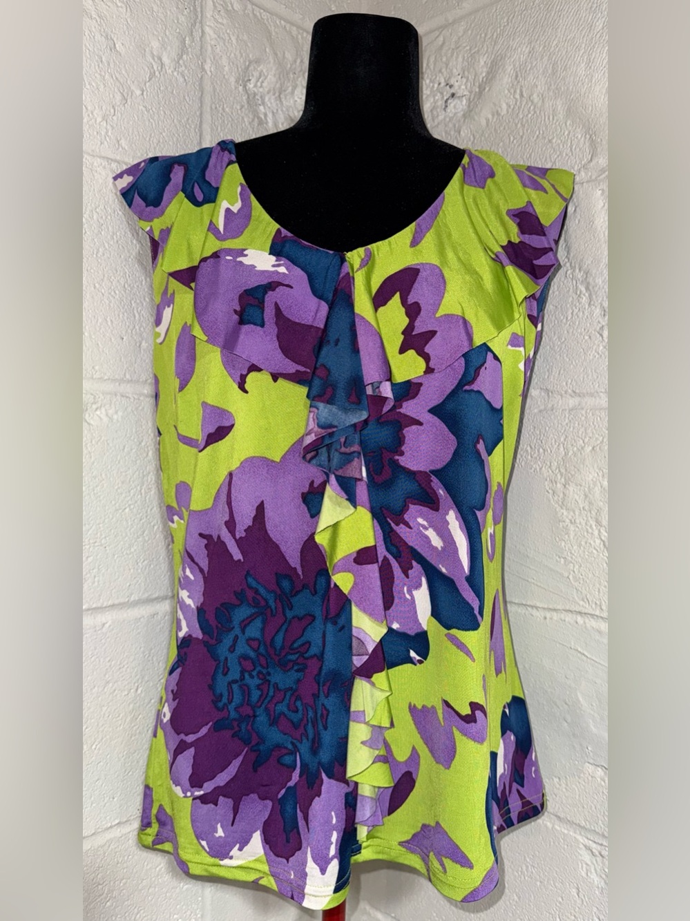 Sunny Leigh Y2K Vibrant Floral Ruffle V-Neck Blouse L